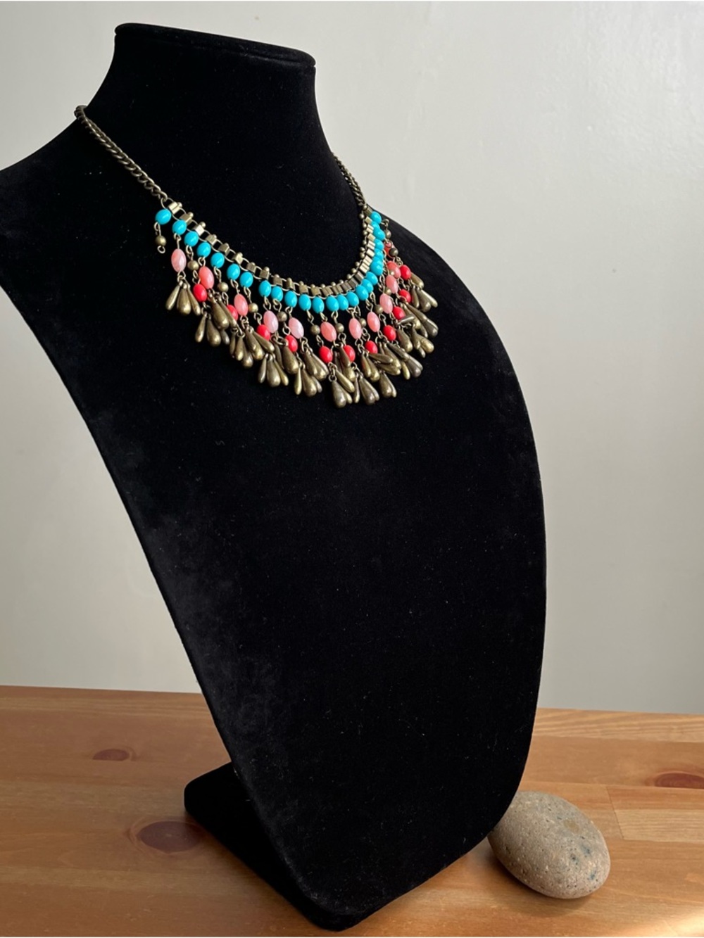 Antique-style brass beaded statement necklace with boho-style dangling charms - Picture 3 of 8